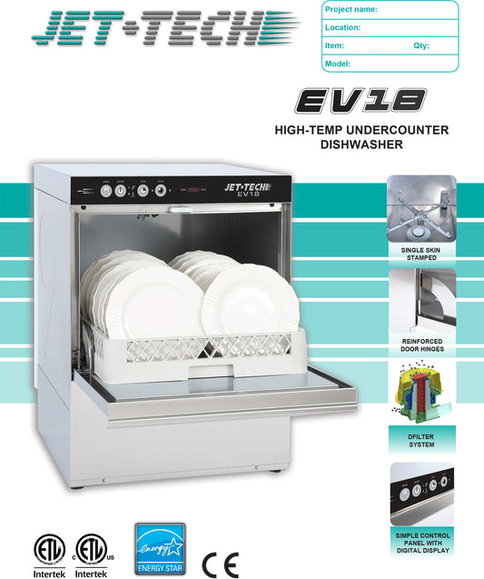 Jet-Tech - EV18 - Undercounter Dishwasher - Brand New - Maltese & Co New and Used restaurant Equipment
