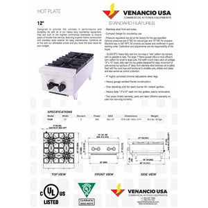 Venancio - 12" Gas Hot Plate - 2 Burner Controls - FA2M - Maltese & Co New and Used  restaurant Equipment 