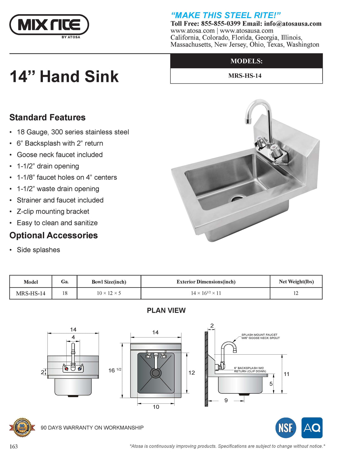 Mix Rite - Hand sink - Wall-mount design with 8'' backsplash - Lead Free Faucet Included - NSF - Maltese & Co New and Used restaurant Equipment