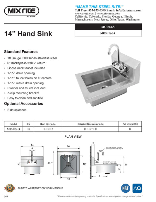 Mix Rite - Hand sink - Wall-mount design with 8'' backsplash - Lead Free Faucet Included - NSF - Maltese & Co New and Used restaurant Equipment