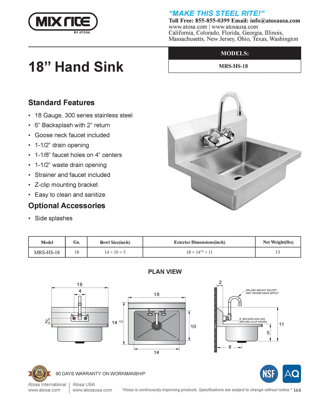 Mix Rite - Hand sink Wall-mount design with 8'' backsplash - Lead Free Faucet Included - NSF - Maltese & Co New and Used restaurant Equipment