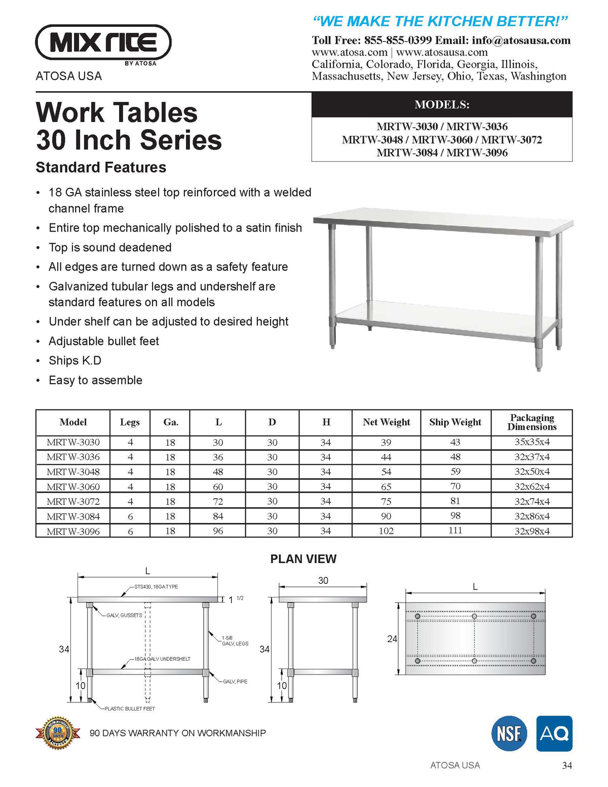 Mix Rite - 96" x 30" Deep Stainless Steel Work Table - NSF - Maltese & Co New and Used restaurant Equipment