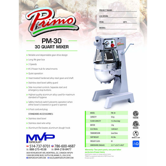 Primo - PM-30 - Planetary Mixer - Brand New - Maltese & Co New and Used restaurant Equipment