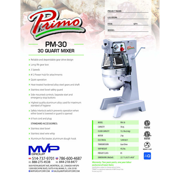 Primo - PM-30 - Planetary Mixer - Brand New