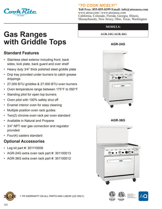 CookRite - AGR-24LP - AGR24NG - Range, 24" Griddle - Maltese & Co