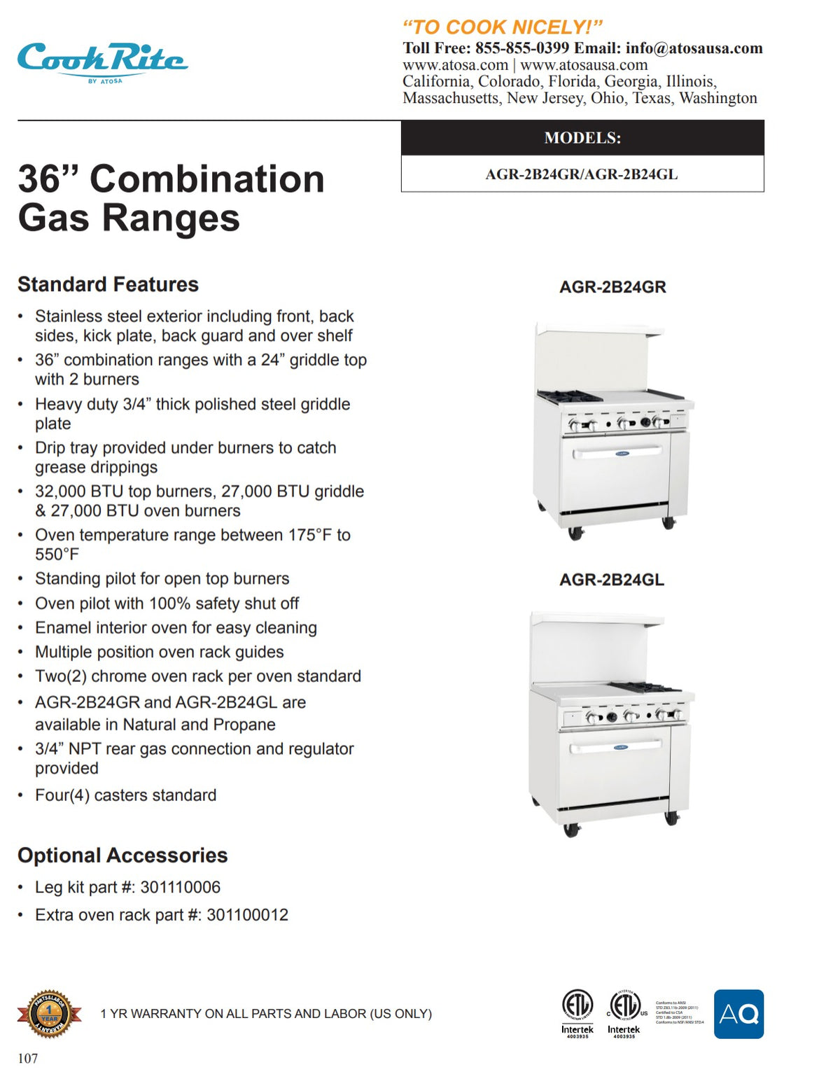 CookRite - AGR-2B24GR-LP - AGR-2B24GR-NG - Range, 36", 2 Burners, 24" Griddle - Maltese & Co
