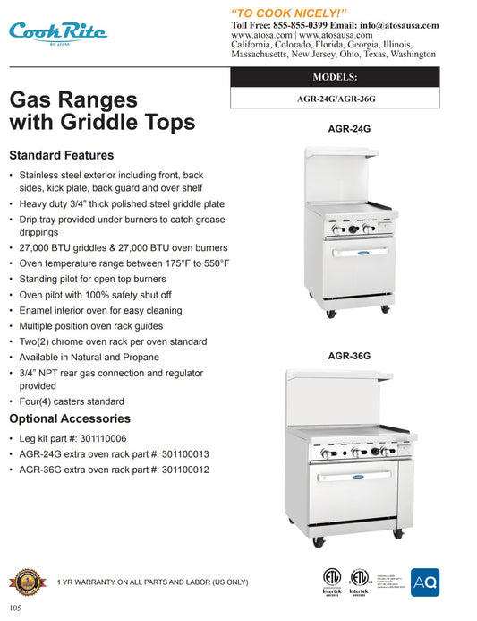 CookRite - AGR-36G-LP - AGR-36G-NG - Range, 36" Griddle - Maltese & Co