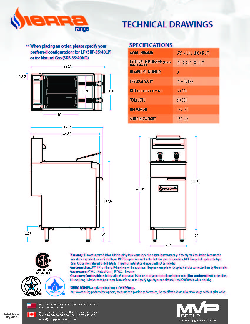 Sierra - SRF-35/40-NG - 35/40lb Gas Fryer - Brand New - Maltese & Co