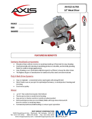 Axis AX-S12 Ultra, Electric Meat Slicer, 12 Blade, Belt Driven