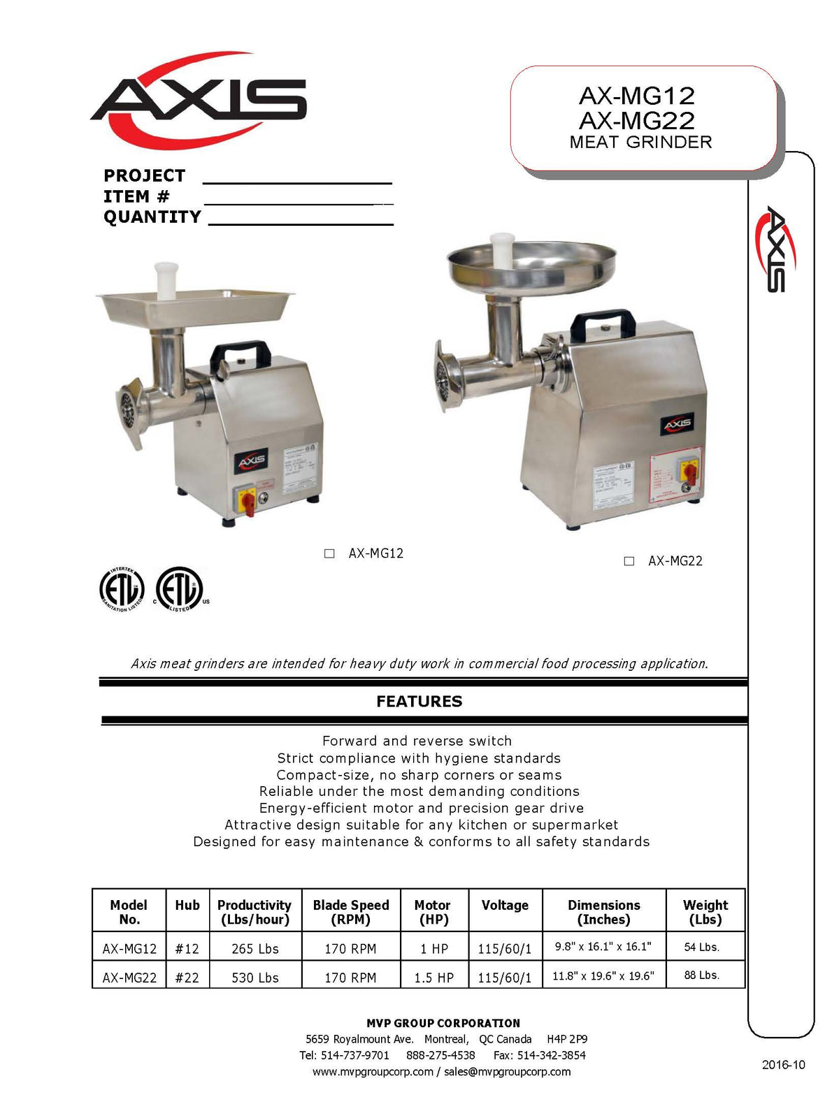 Axis - AX-MG12 - Meat Grinder - Brand New - Maltese & Co New and Used  restaurant Equipment 