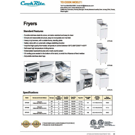 CookRite - 40lbs, 3 Burners, Independent Manual Control - Liquid Propane - Maltese & Co New and Used  restaurant Equipment 