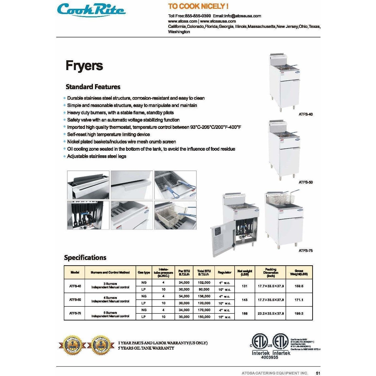 CookRite - 75lbs, 5 Burners, Independent Manual Control - Natural Gas - Maltese & Co New and Used  restaurant Equipment 