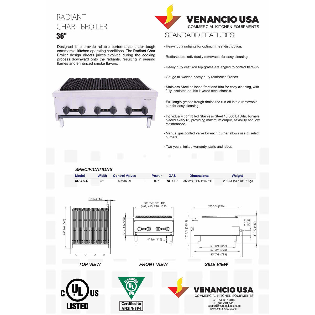 Venancio - 36" Gas Charbroiler - 6 Manual Controls - CGG36-6 - Maltese & Co New and Used  restaurant Equipment 