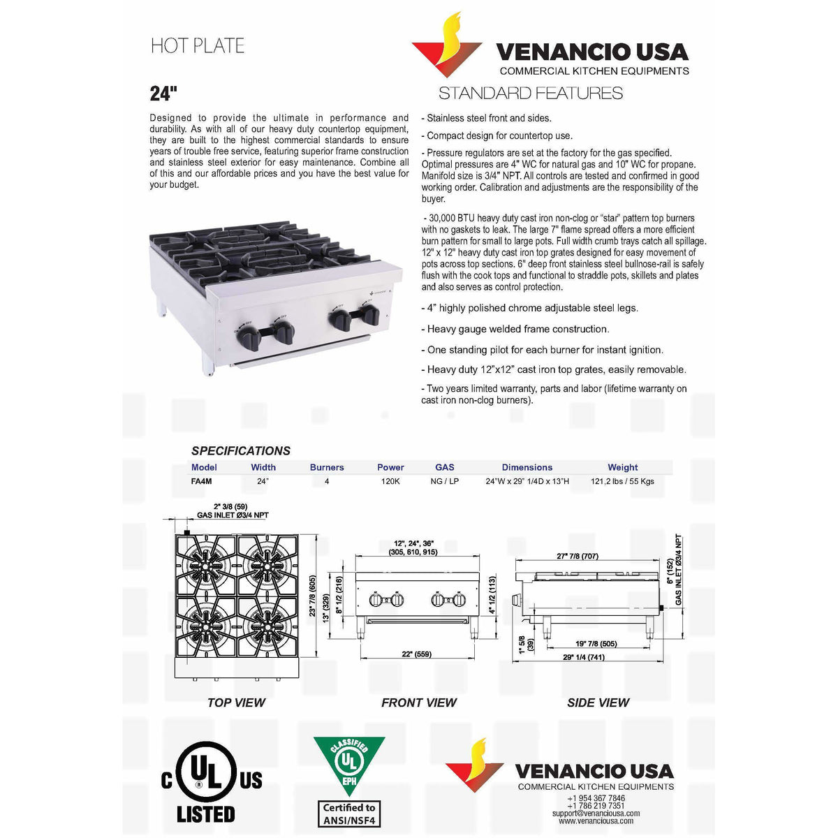 Venancio - 24" Gas Hot Plate - 4 Burner Controls - FA4M - Maltese & Co New and Used  restaurant Equipment 