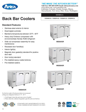 Atosa MBB69GR 69'' Back Bar Cooler - Stainless Steel Exterior & Interior - 21.5 Cubic Ft - Maltese & Co New and Used  restaurant Equipment 