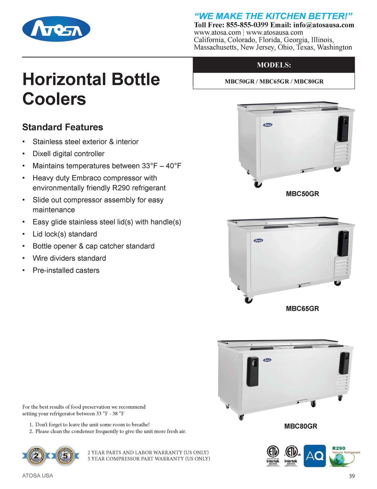 Atosa MBC65 65'' Bottle Cooler - Stainless Steel Exterior & Interior - 16.4 Cubic Ft - Maltese & Co New and Used  restaurant Equipment 