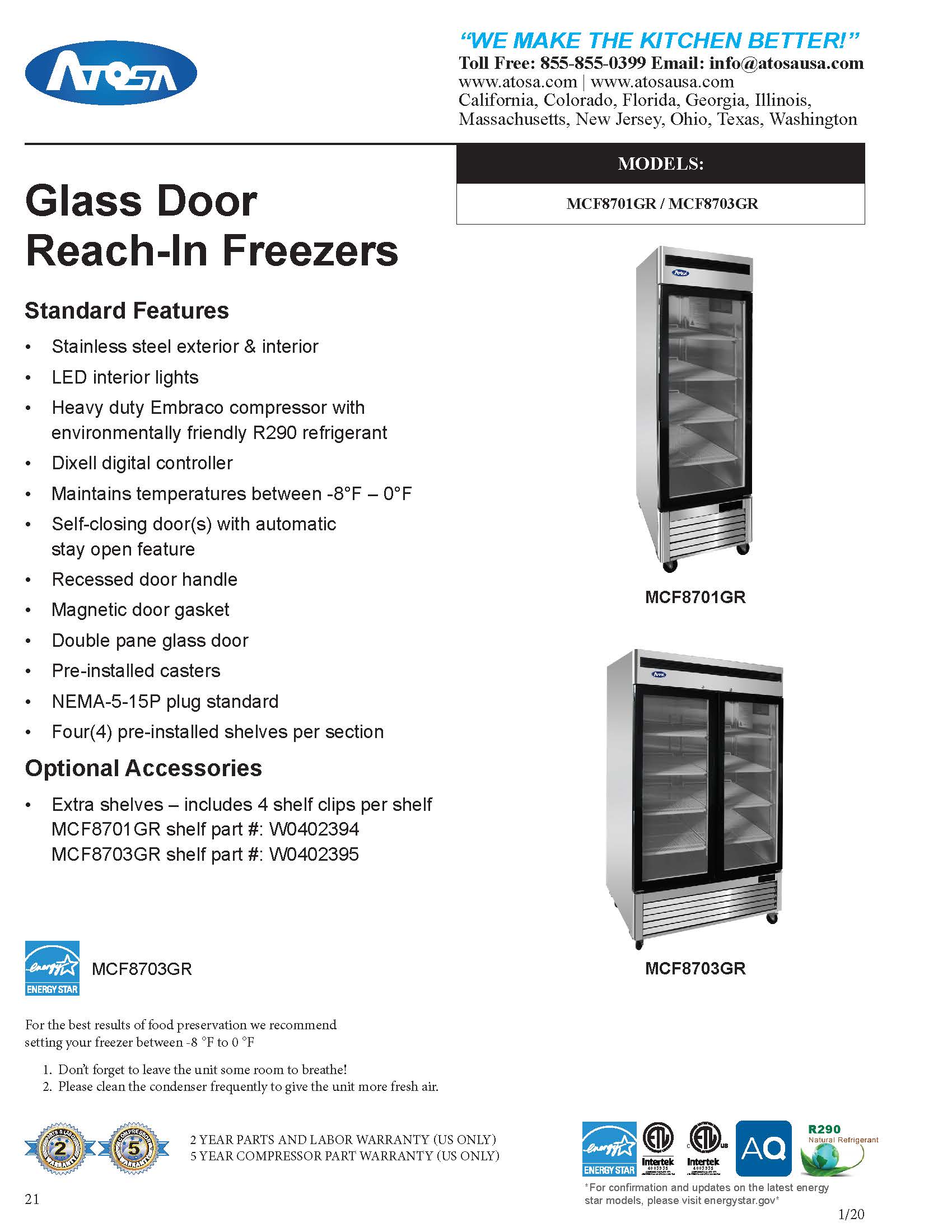 Atosa MCF8701GR Bottom Mount - One Glass Door Freezer - 19.1 Cubic Ft. - Maltese & Co New and Used  restaurant Equipment 