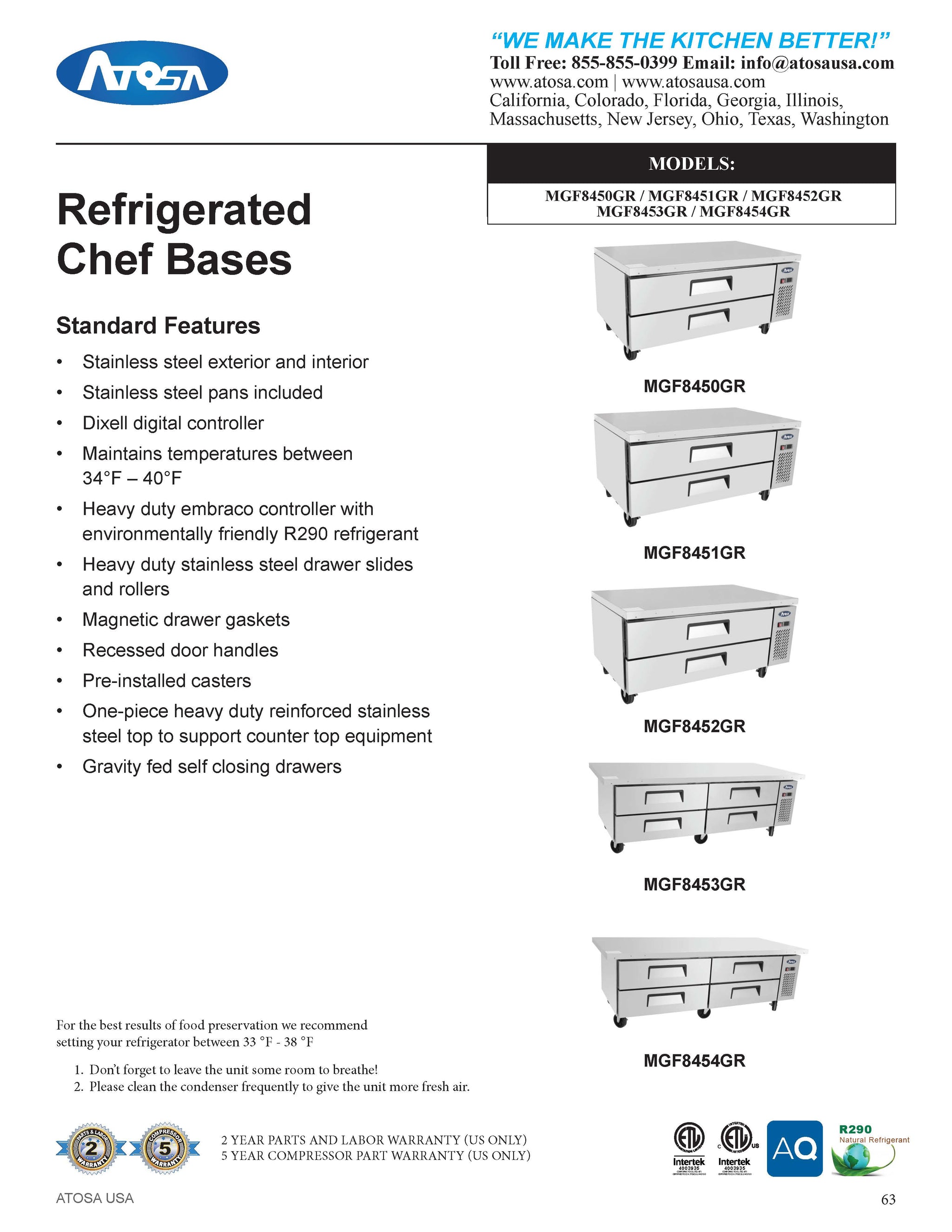 Atosa MGF8454GR 76'' Extended Top Chef Base with 72'' Cabinet - 12.1 Cubic Ft - Maltese & Co New and Used  restaurant Equipment 