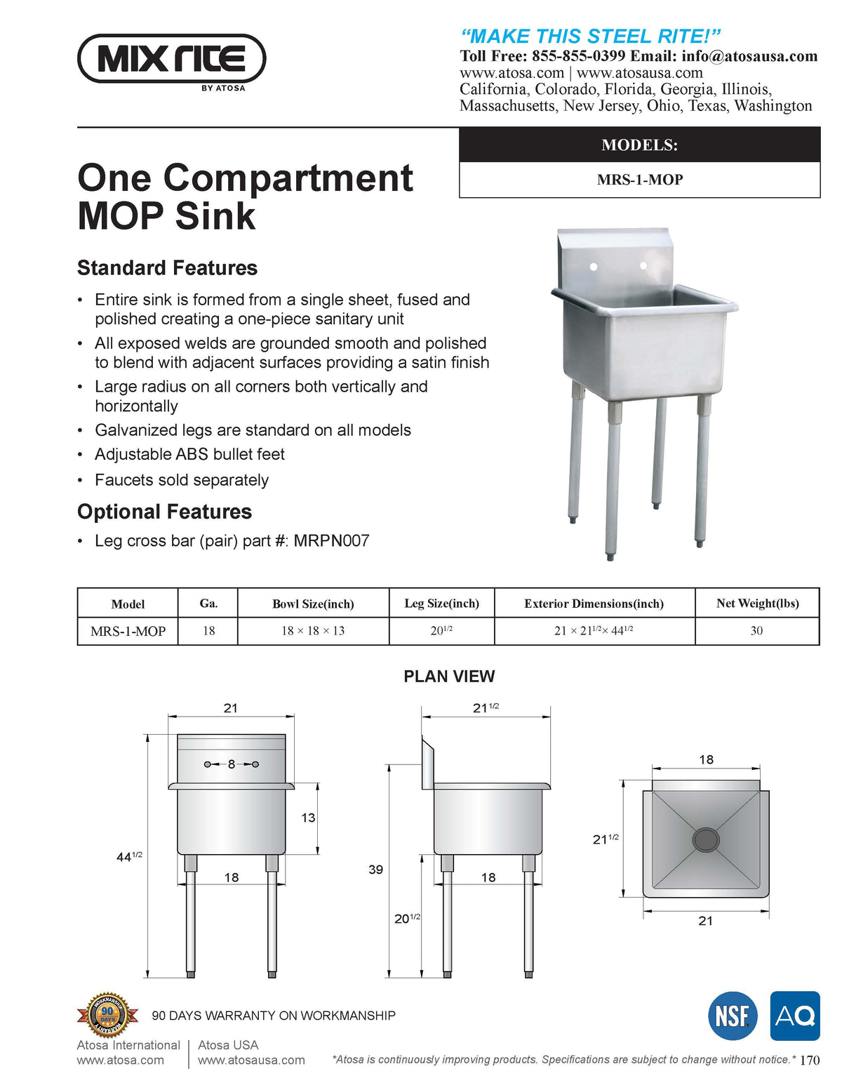 Mix Rite - Mop Sink with Backsplash, Galvanized Tubular Legs with Adjustable Plastic Bullet Feet- NSF - Maltese & Co New and Used  restaurant Equipment 