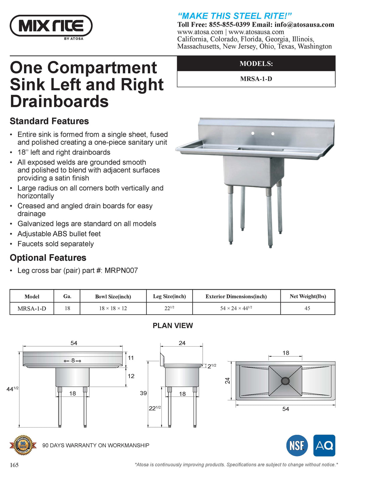 Mix Rite - One Compartment sink - 18'' right and left drainboards - NSF - Maltese & Co New and Used  restaurant Equipment 