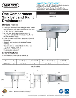 Mix Rite - One Compartment sink - 18'' right and left drainboards - NSF - Maltese & Co New and Used  restaurant Equipment 
