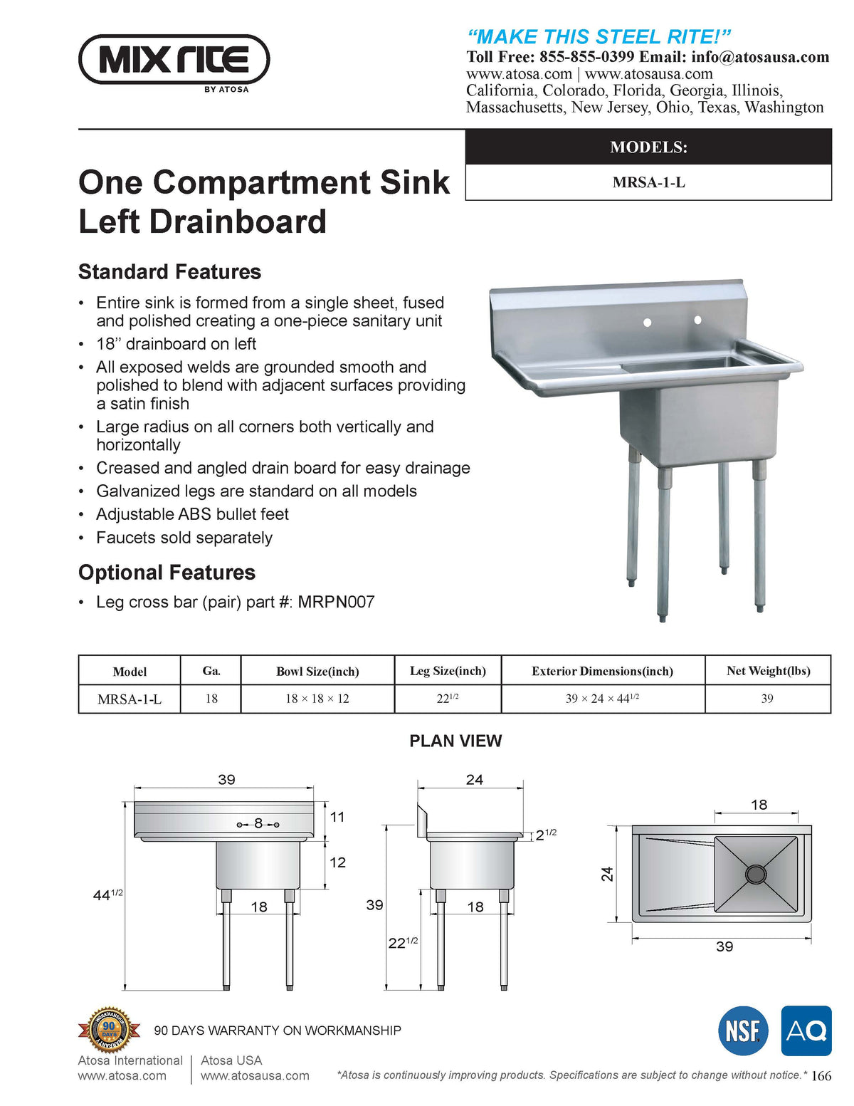 Mix Rite - One Compartment sink - 18''  left drainboards - NSF - Maltese & Co New and Used  restaurant Equipment 