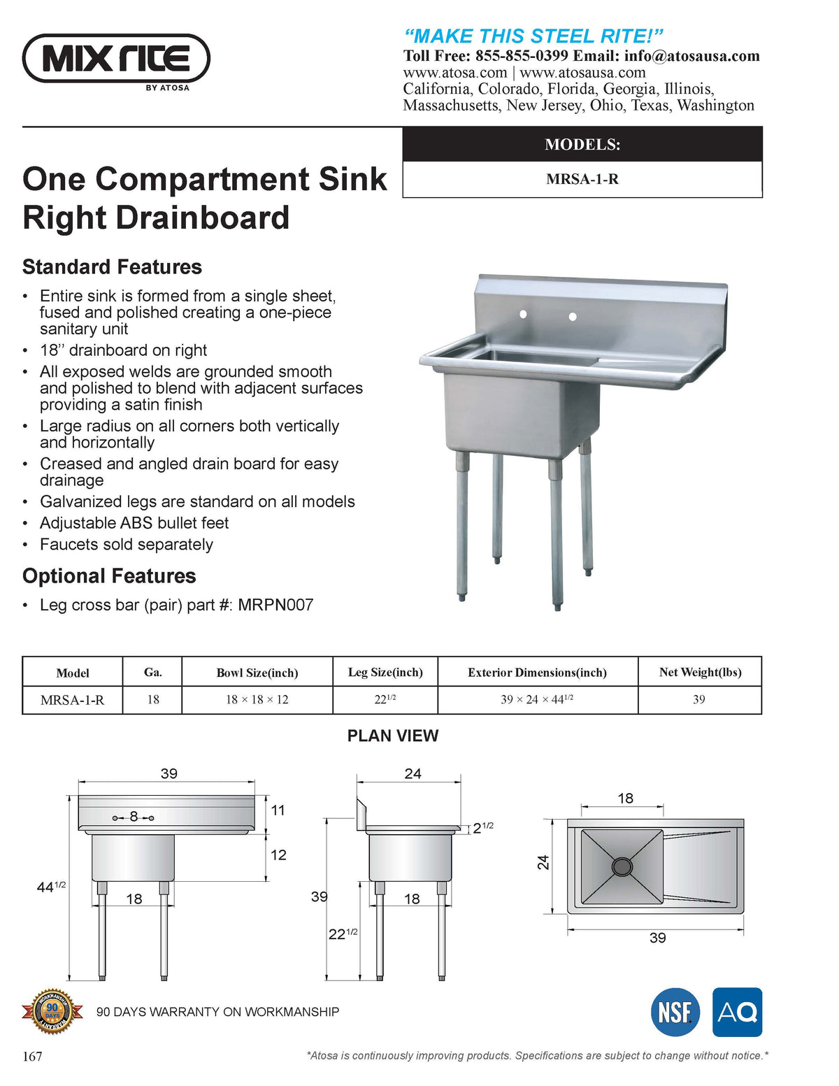 Mix Rite - One Compartment sink - 18''  Right drainboards - NSF - Maltese & Co New and Used  restaurant Equipment 