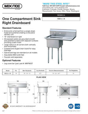 Mix Rite - One Compartment sink - 18''  Right drainboards - NSF - Maltese & Co New and Used  restaurant Equipment 