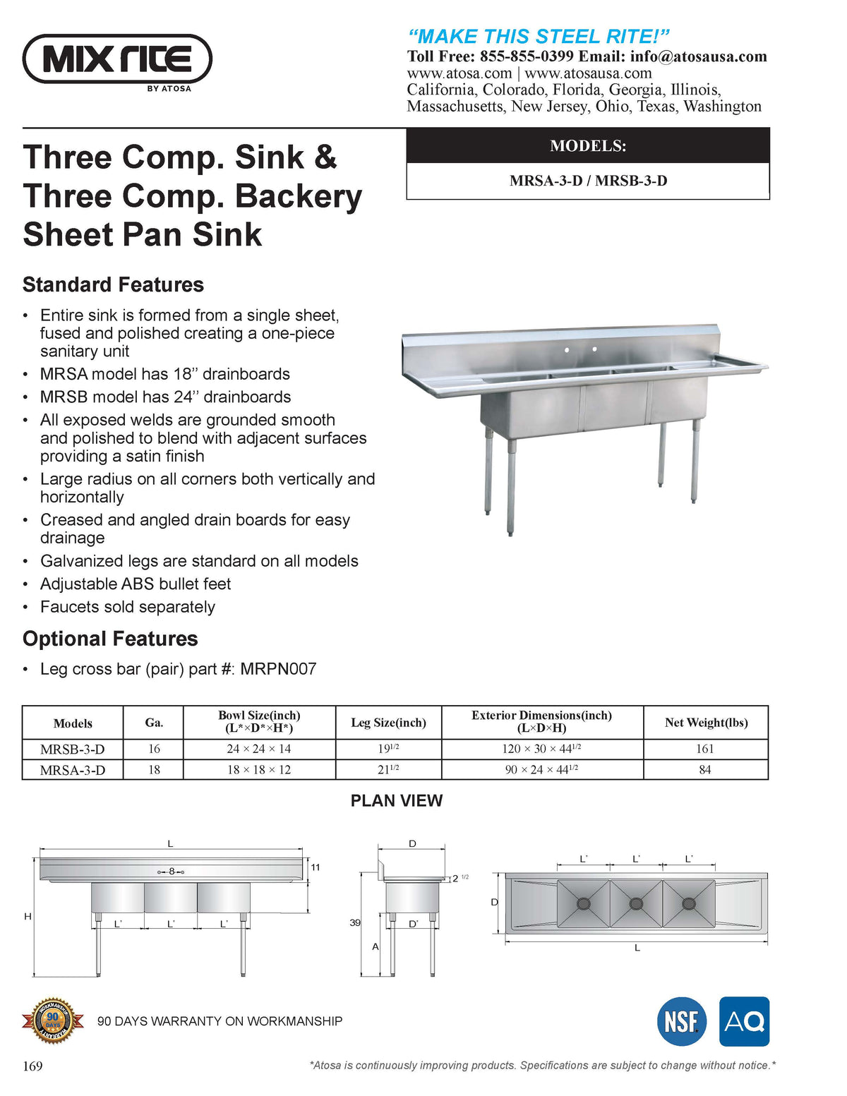 Mix Rite - Three Compartment Bakery Sheet Pan Sink, 24'' left & right Drainboards  - NSF - Maltese & Co New and Used  restaurant Equipment 