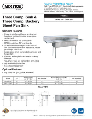 Mix Rite - Three Compartment sink - 18'' right and left drainboards - NSF - Maltese & Co New and Used  restaurant Equipment 