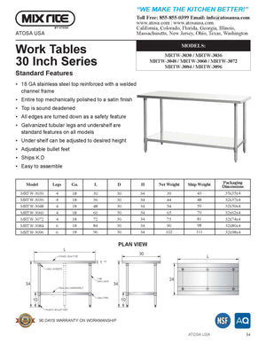 Mix Rite - 96" x 30" Deep Stainless Steel Work Table - NSF - Maltese & Co New and Used  restaurant Equipment 