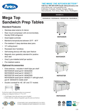 Atosa MSF8306GR 48'' Mega top Sandwich Prep. Table - 13.38 Cubic Ft. - Maltese & Co New and Used  restaurant Equipment 