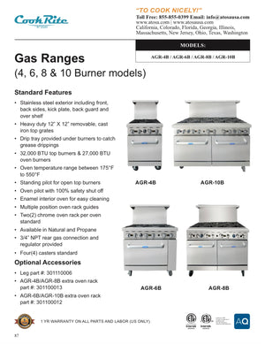 CookRite - AGR-10B-LP - AGR-10B-NG - Range, 60", 10 Open Burners - Maltese & Co