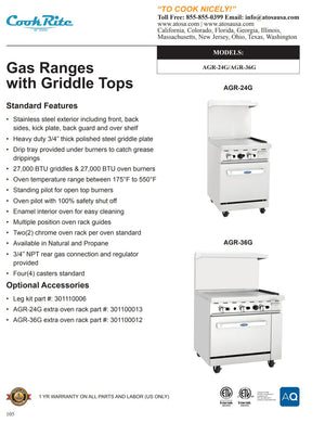 CookRite - AGR-36G-LP - AGR-36G-NG - Range, 36" Griddle - Maltese & Co