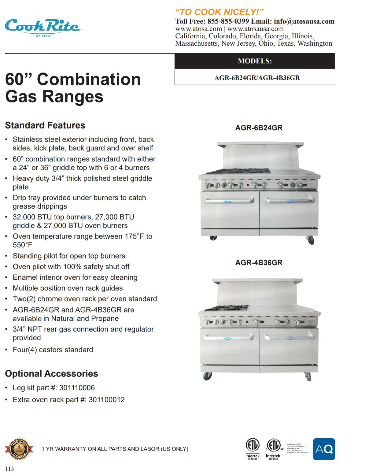 CookRite - AGR-6B24GR-LP - AGR-6B24GR-NG - Range, 60", 6 Burners, 24" Griddle - Maltese & Co