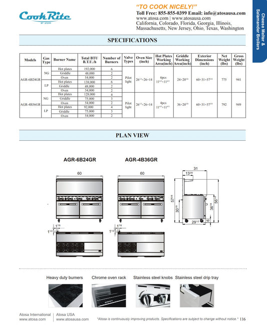 CookRite - AGR-6B24GR-LP - AGR-6B24GR-NG - Range, 60", 6 Burners, 24" Griddle - Maltese & Co