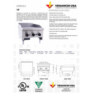 Venancio - 18" Gas Griddle - 3 Manual Controls - CG18-3 - Maltese & Co New and Used  restaurant Equipment 