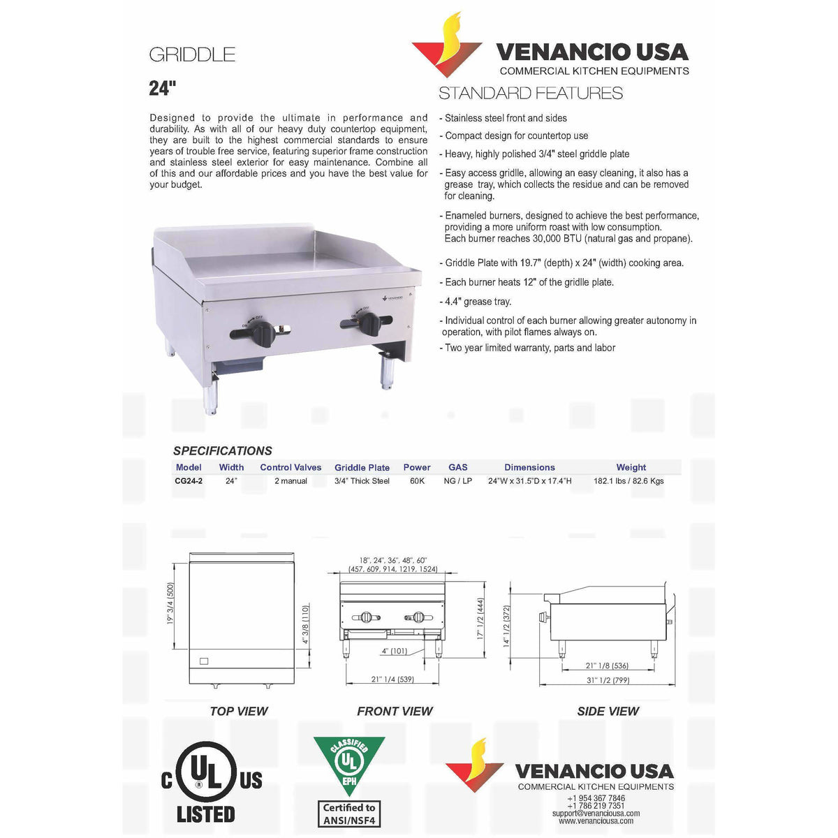 Venancio - 24" Gas Griddle - 2 manual Controls - CG24-2 - Maltese & Co New and Used  restaurant Equipment 